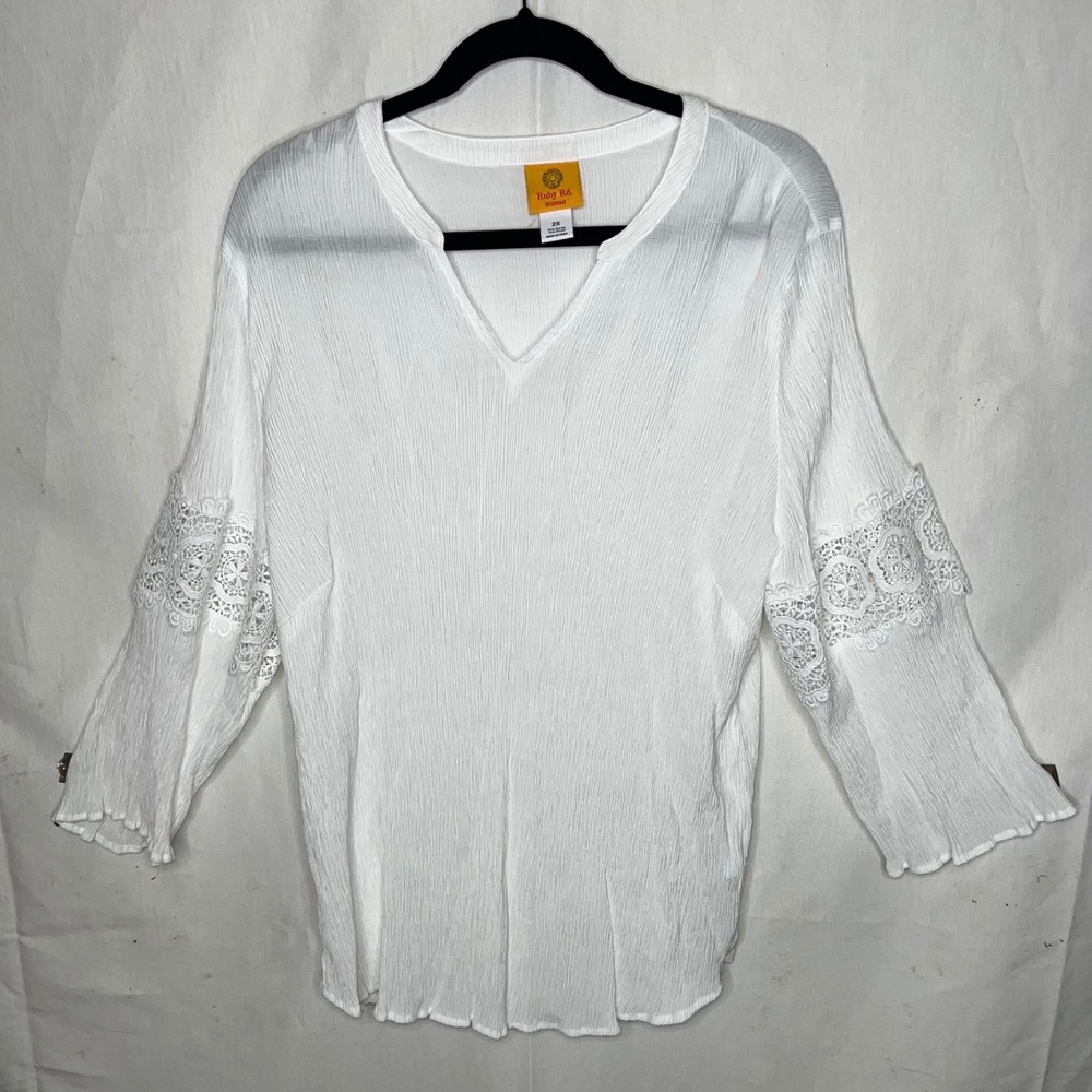 Ruby Rd. Woman White Crinkle‎ Knit Crochet Lace 3/4 Bell Sleeve Blouse Top 2X - Picture 2 of 5